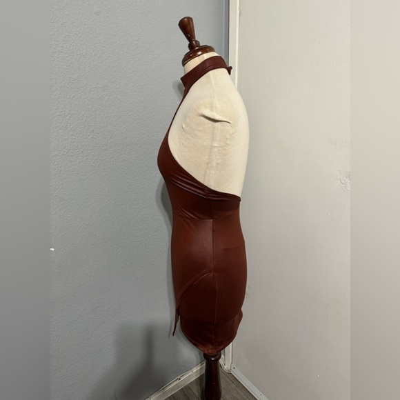 SHEIN Rust Brown Asymmetrical Hem Open Back PU leather Bodycon Party Dress Sz XS - Picture 6 of 15